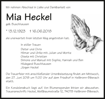 Traueranzeige von Mia Heckel 