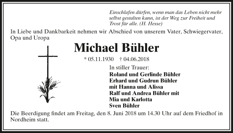  Traueranzeige für Michael Bühler vom 06.06.2018 aus 