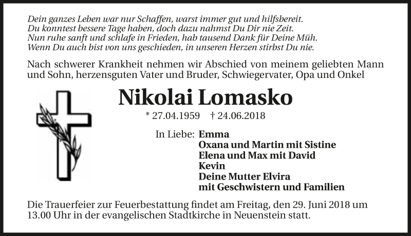  Traueranzeige für Nikolai Lomasko vom 27.06.2018 aus 