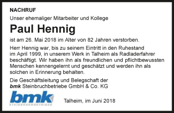 Traueranzeige von Paul Hennig 