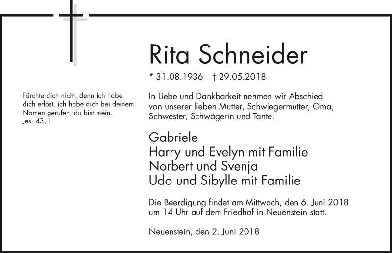  Traueranzeige für Rita Schneider vom 02.06.2018 aus 