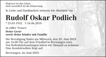 Traueranzeige von Rudolf Oskar Podlich 