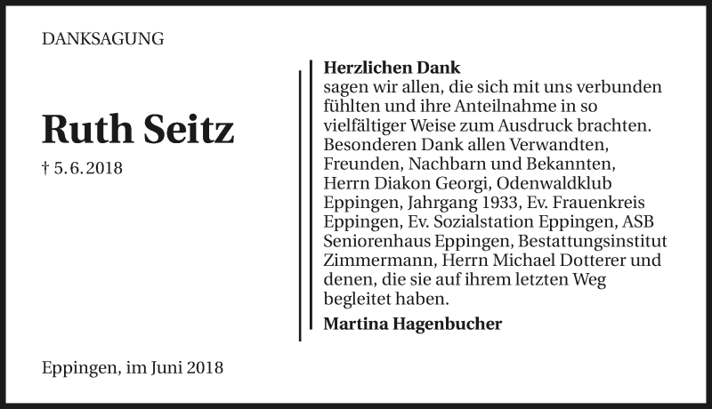  Traueranzeige für Ruth Seitz vom 29.06.2018 aus 