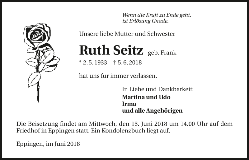  Traueranzeige für Ruth Seitz vom 09.06.2018 aus 