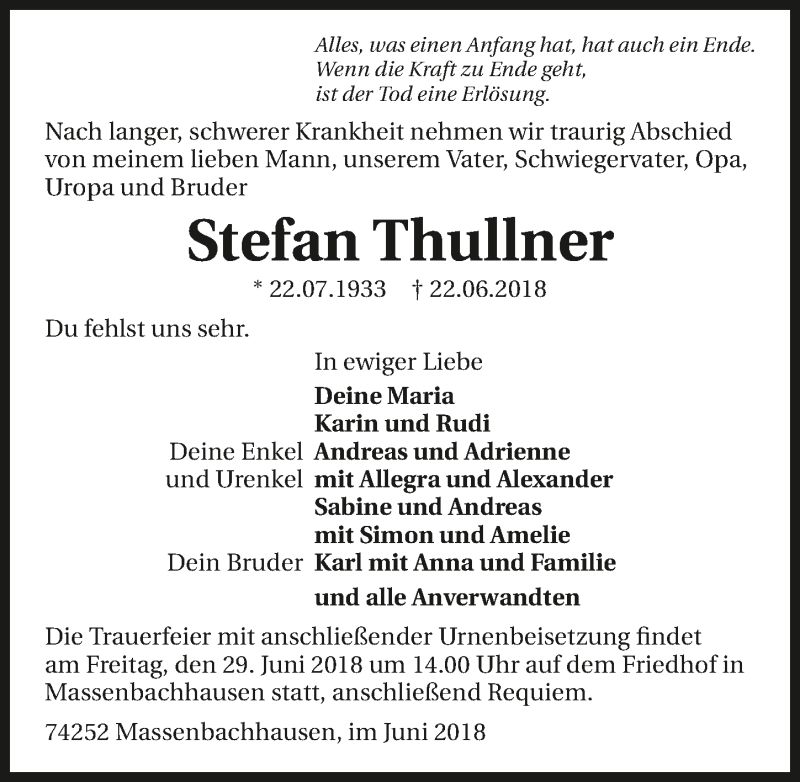  Traueranzeige für Stefan Thullner vom 27.06.2018 aus 