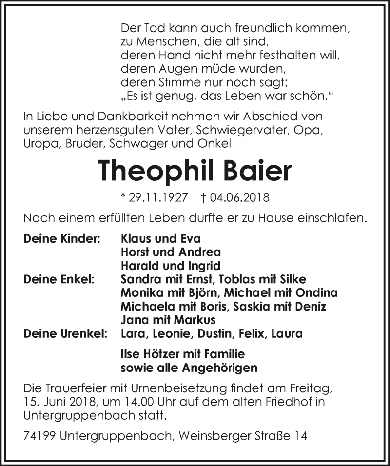  Traueranzeige für Theophil Baier vom 09.06.2018 aus 