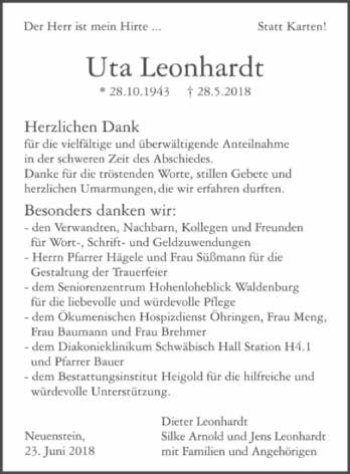 Traueranzeige von Uta Leonhardt 