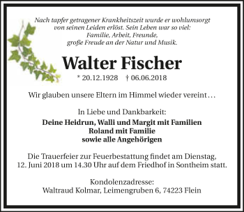 Traueranzeige von Walter Fischer 