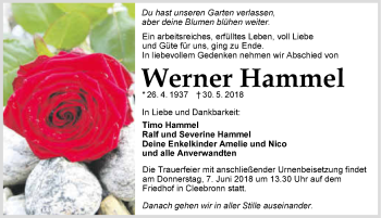 Traueranzeige von Werner Hammel 