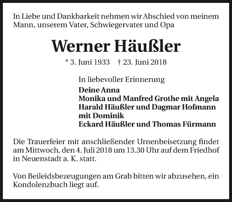  Traueranzeige für Werner Häußler vom 29.06.2018 aus 