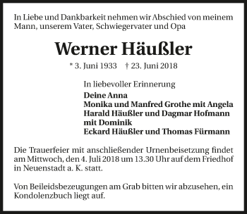 Traueranzeige von Werner Häußler 