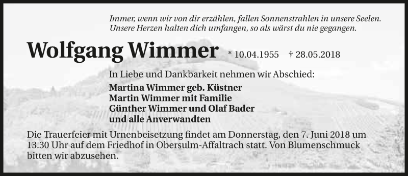  Traueranzeige für Wolfgang Wimmer vom 02.06.2018 aus 