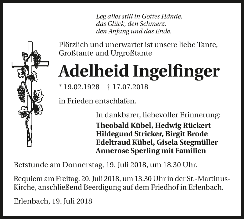  Traueranzeige für Adelheid Ingelfinger vom 19.07.2018 aus 