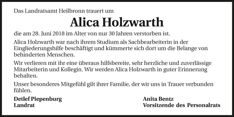  Traueranzeige für Alica Holzwarth vom 03.07.2018 aus 