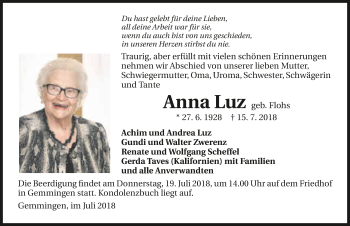 Traueranzeige von Anna Luz 