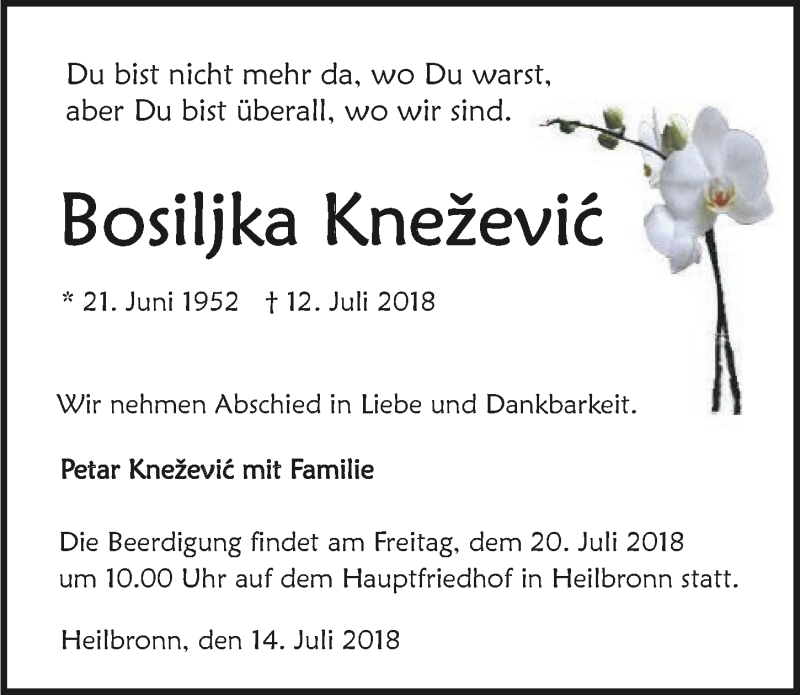 Traueranzeige für Bosiljka Knezevic vom 14.07.2018 aus 
