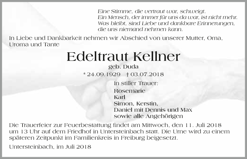  Traueranzeige für Edeltraut Kellner vom 07.07.2018 aus 