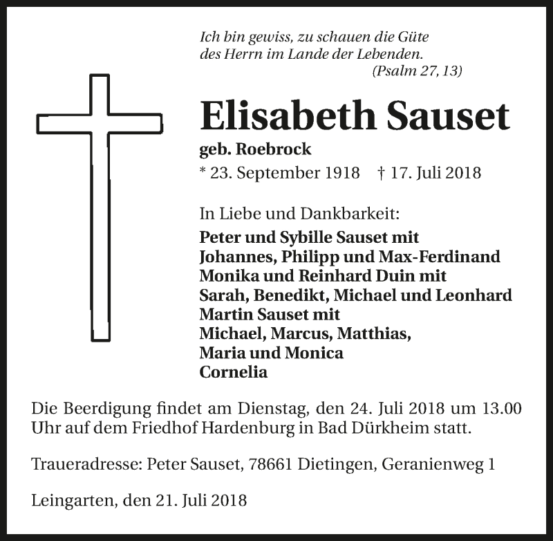  Traueranzeige für Elisabeth Sauset vom 21.07.2018 aus 