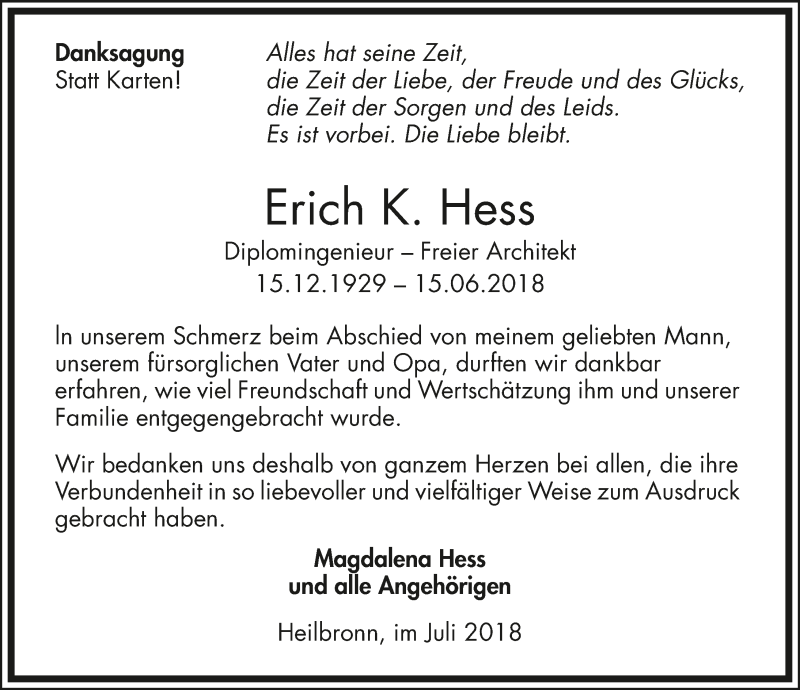  Traueranzeige für Erich Hess vom 07.07.2018 aus 
