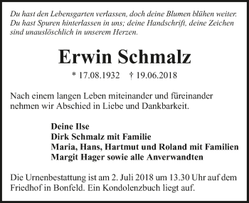 Traueranzeige von Erwin Schmalz 
