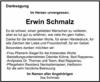 Traueranzeige von Erwin Schmalz 