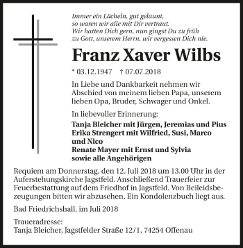 Traueranzeige von Franz Xaver Wilbs 