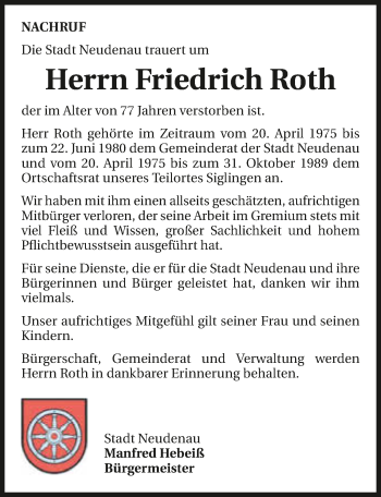 Traueranzeige von Friedrich Roth 