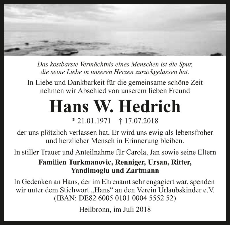  Traueranzeige für Hans W. Hedrich vom 21.07.2018 aus 