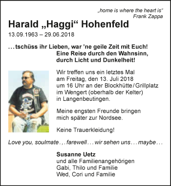 Traueranzeige von Harald Haggi Hohenfeld 
