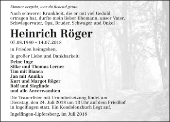 Traueranzeige von Heinrich Röger 