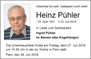 Traueranzeige von Heinz Pühler 