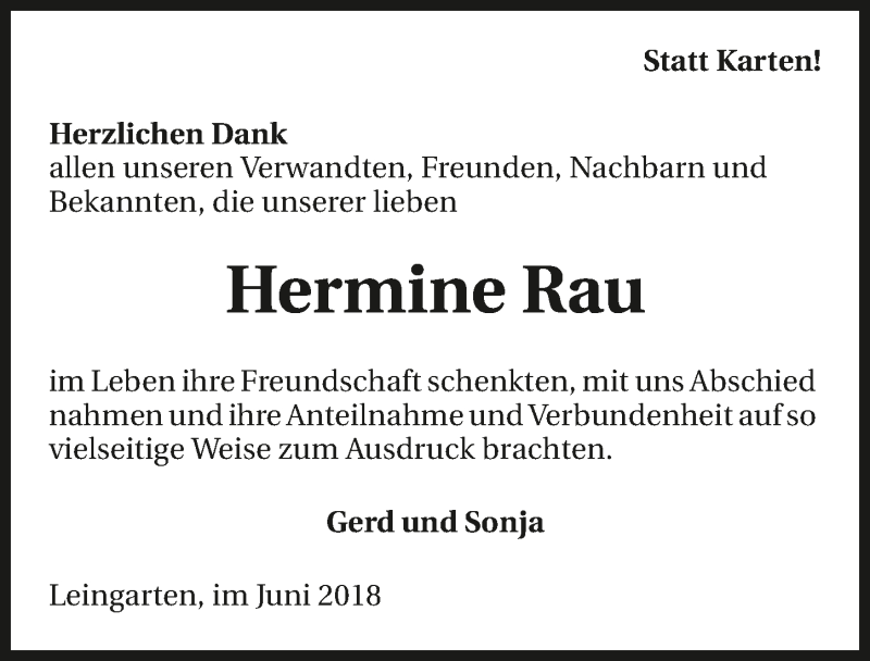  Traueranzeige für Hermine Rau vom 30.06.2018 aus 