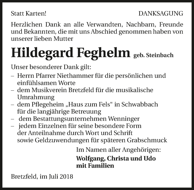  Traueranzeige für Hildegard Feghelm vom 24.07.2018 aus 