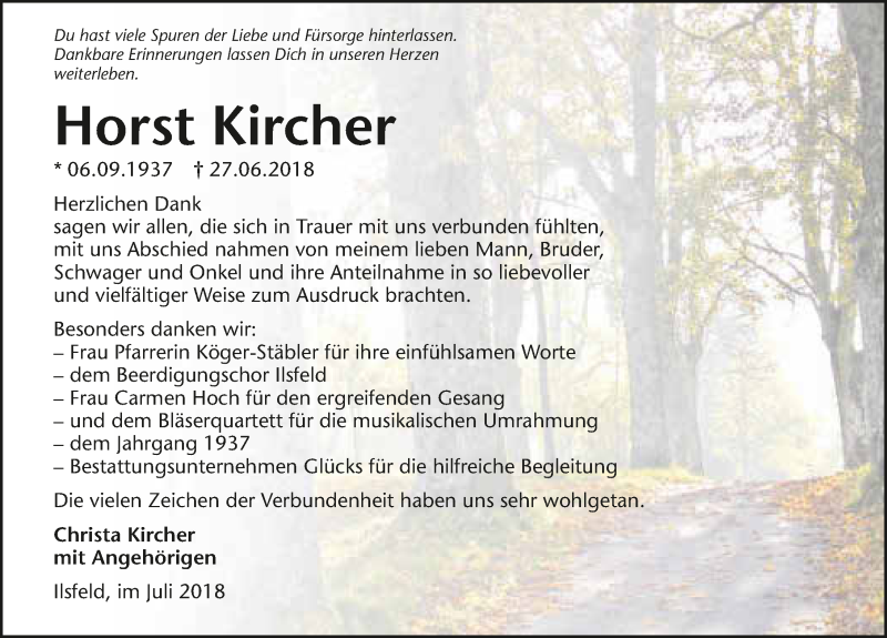  Traueranzeige für Horst Kircher vom 14.07.2018 aus 