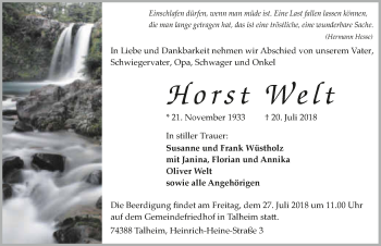 Traueranzeige von Horst Welt 