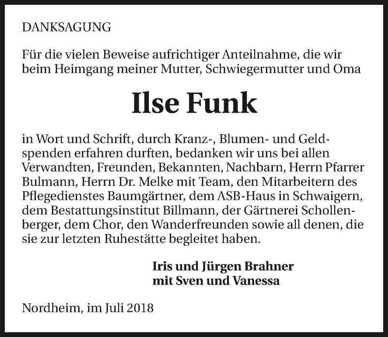  Traueranzeige für Ilse Funk vom 04.07.2018 aus 