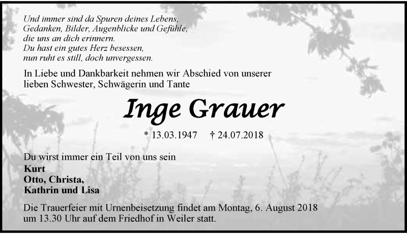  Traueranzeige für Inge Grauer vom 01.08.2018 aus 