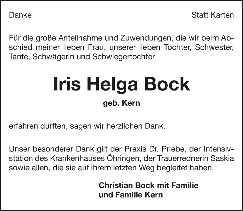 Traueranzeige für Iris Helga Bock vom 30.06.2018 aus 