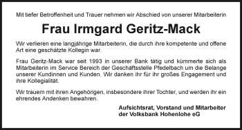 Traueranzeige von Irmgard Geritz-Mack 