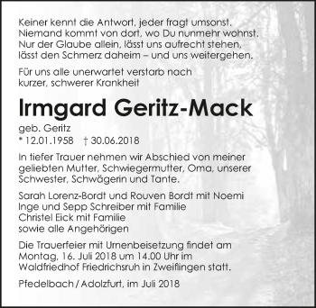 Traueranzeige von Irmgard Geritz-Mack 