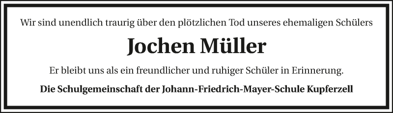  Traueranzeige für Jochen Müller vom 26.07.2018 aus 