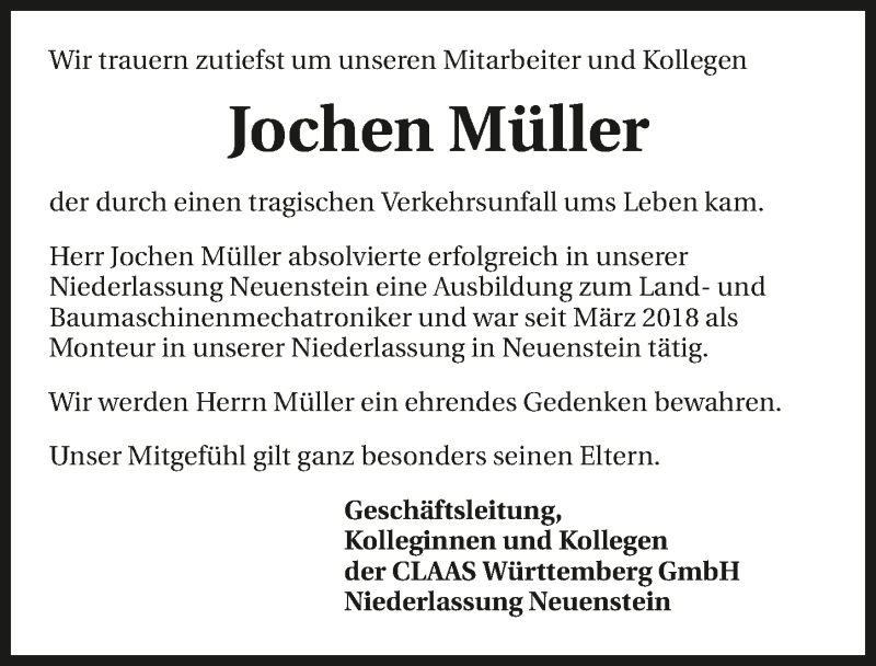  Traueranzeige für Jochen Müller vom 27.07.2018 aus 