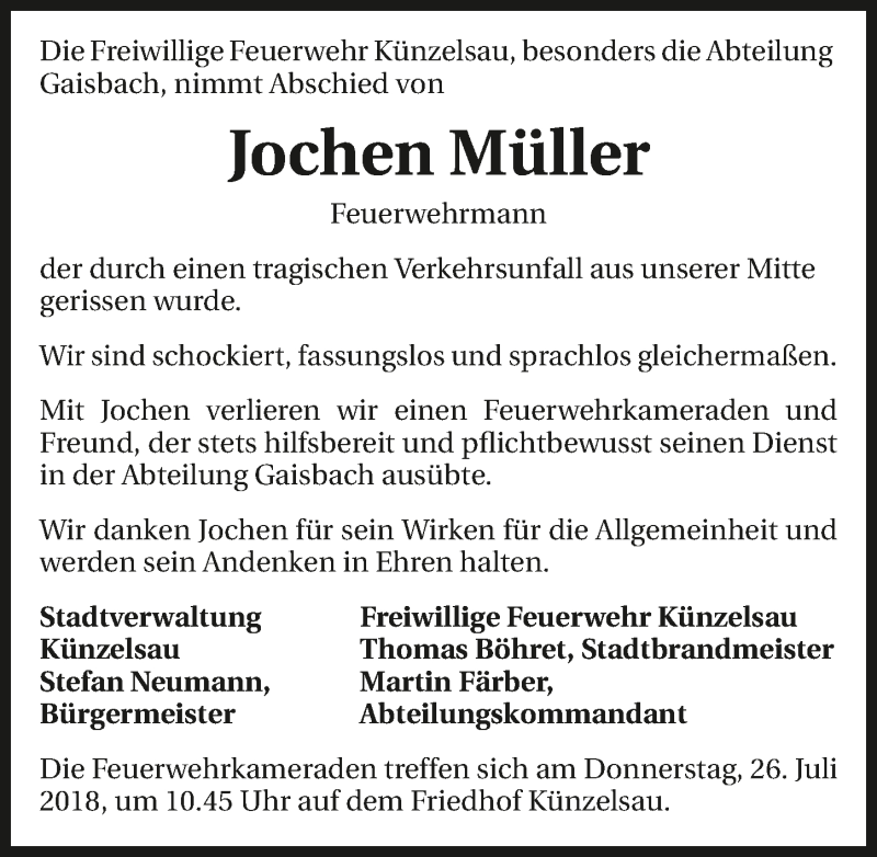  Traueranzeige für Jochen Müller vom 25.07.2018 aus 
