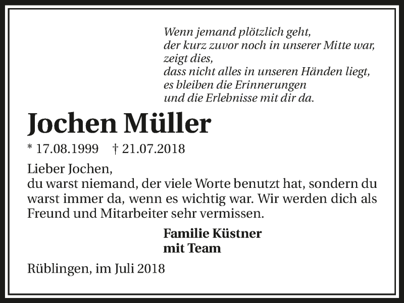  Traueranzeige für Jochen Müller vom 25.07.2018 aus 