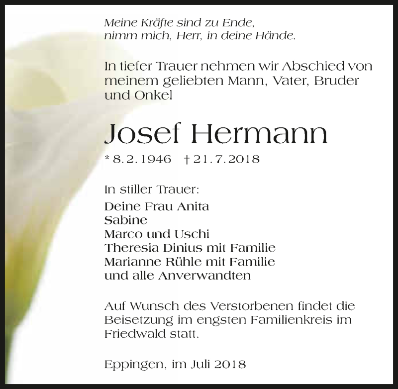  Traueranzeige für Josef Hermann vom 28.07.2018 aus 