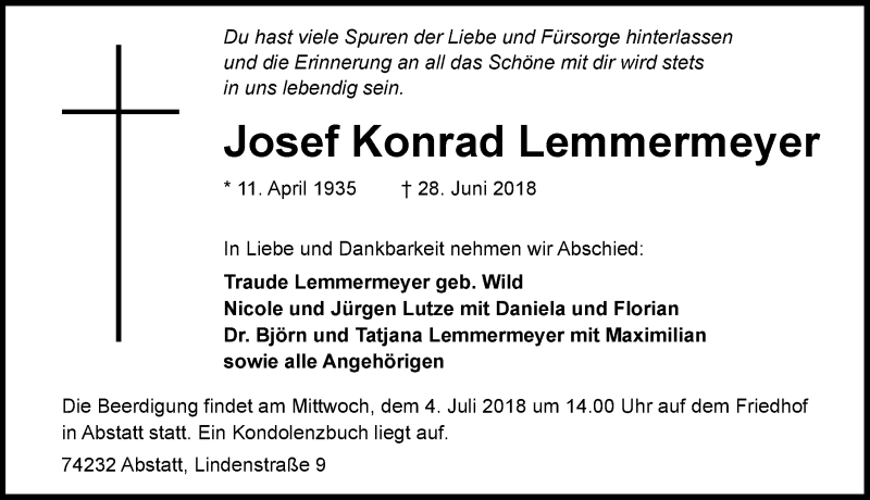  Traueranzeige für Josef Lemmermeyer vom 30.06.2018 aus 