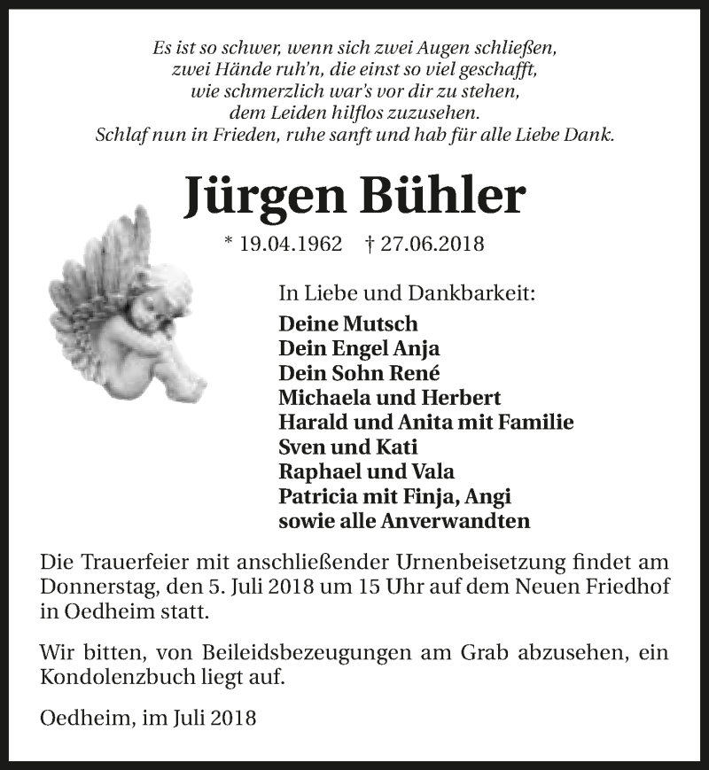  Traueranzeige für Jürgen Bühler vom 02.07.2018 aus 
