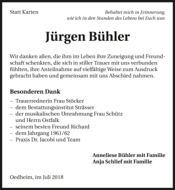 Traueranzeige von Jürgen Bühler 