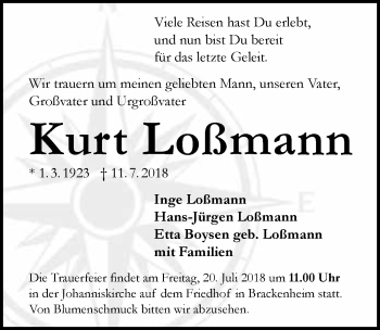 Traueranzeige von Kurt Loßmann 