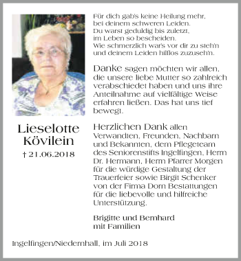 Traueranzeige von Lieselotte Kövilein 